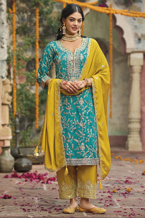 Blue Sequin with Embroidered Art Silk Pakistani Suit Set