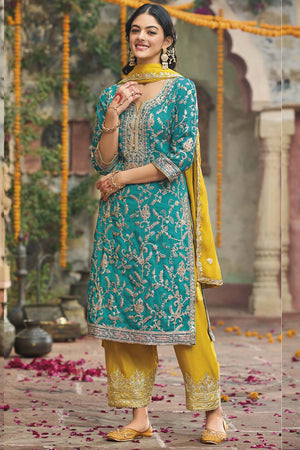 Blue Sequin with Embroidered Art Silk Pakistani Suit Set