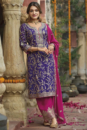 Violet Sequin with Embroidered Art Silk Pakistani Suit Set