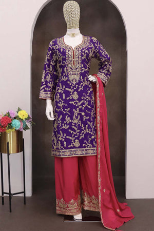 Violet Sequin with Embroidered Art Silk Pakistani Suit Set