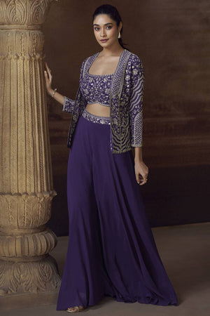 Violet Floral Embroidered Art Silk Co-Ord Set (vega sayuri SILKY-5830)