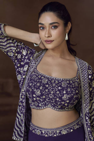Violet Floral Embroidered Art Silk Co-Ord Set (vega sayuri SILKY-5830)