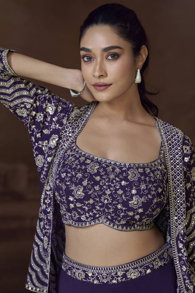 Violet Floral Embroidered Art Silk Co-Ord Set (vega sayuri SILKY-5830)
