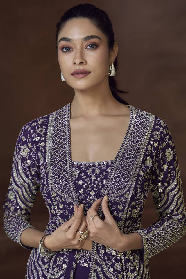 Violet Floral Embroidered Art Silk Co-Ord Set (vega sayuri SILKY-5830)