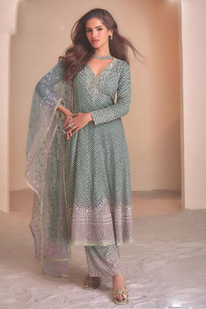 Grey Sequin with Embroidered Georgette Anarkali Suit Set