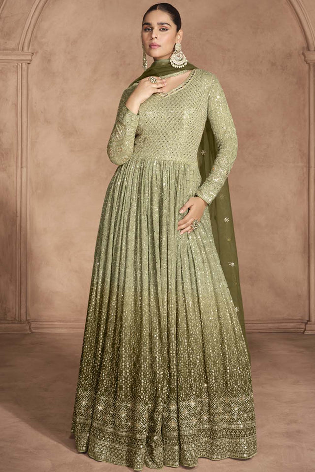 Green Sequin with Embroidered Georgette Gown