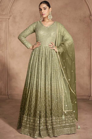 Green Sequin with Embroidered Georgette Gown