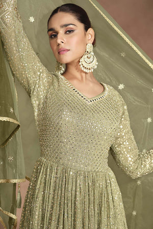 Green Sequin with Embroidered Georgette Gown