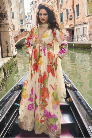 Cream Floral Printed Art Silk Gown