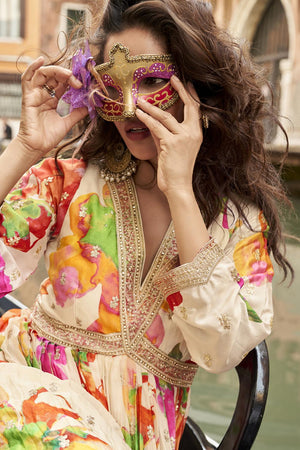 Cream Floral Printed Art Silk Gown