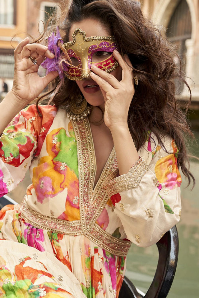 Cream Floral Printed Art Silk Gown