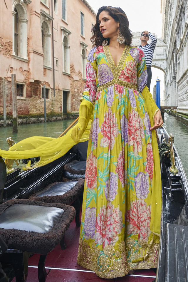 Green Floral Printed Art Silk Gown