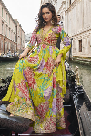 Green Floral Printed Art Silk Gown