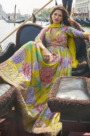 Green Floral Printed Art Silk Gown