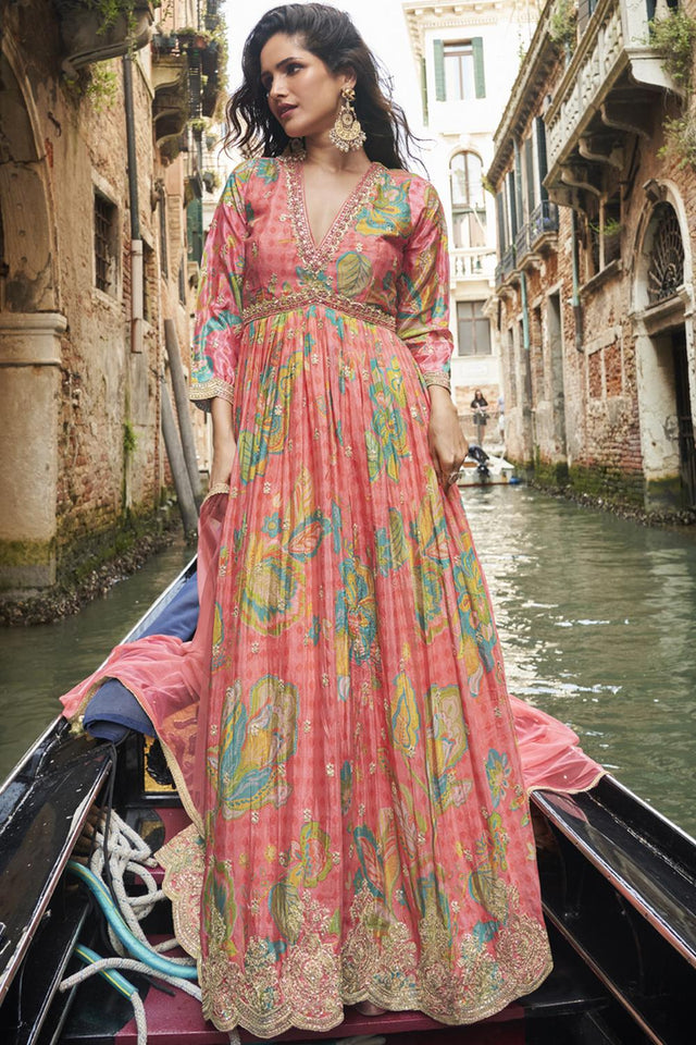 Peach Floral Printed Art Silk Gown