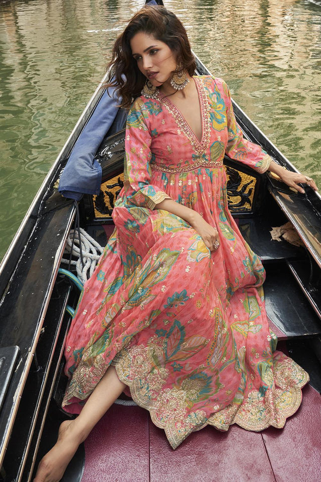 Peach Floral Printed Art Silk Gown