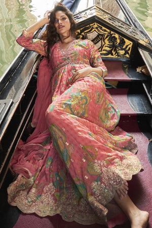 Peach Floral Printed Art Silk Gown