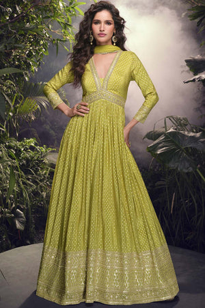 Yellow Dot Printed Viscose Anarkali Suit Set
