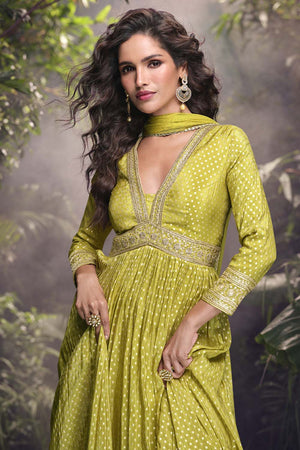 Yellow Dot Printed Viscose Anarkali Suit Set