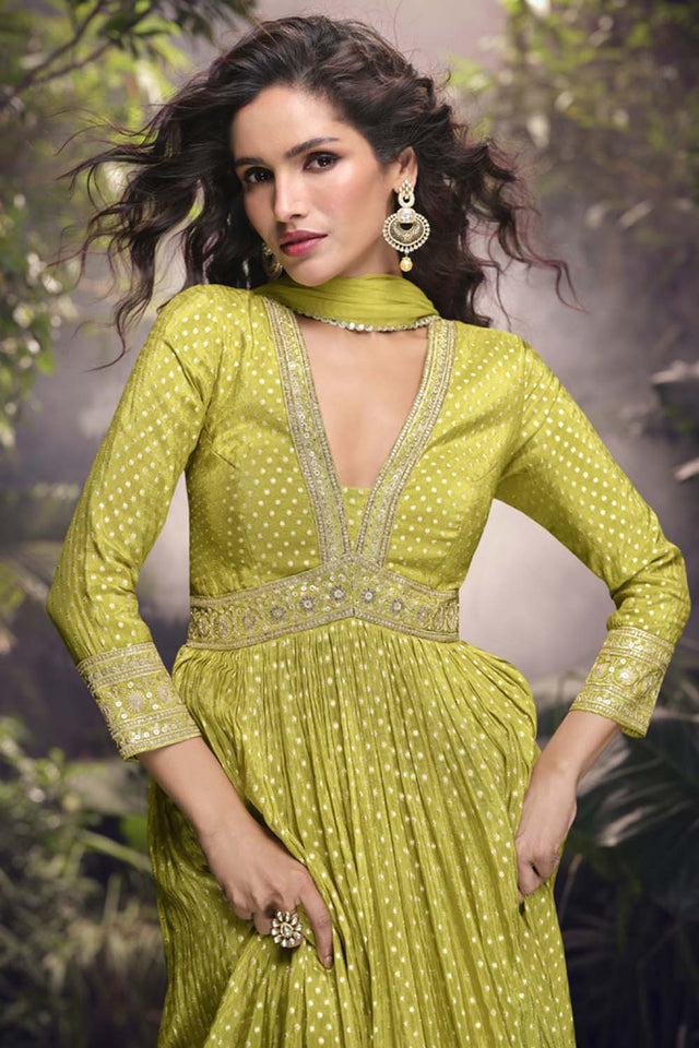 Yellow Dot Printed Viscose Anarkali Suit Set