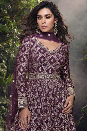 Wine Banarasi Viscose Anarkali Suit Set