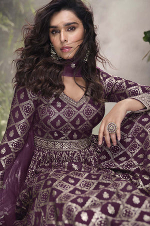 Wine Banarasi Viscose Anarkali Suit Set