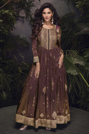 Wine Embroidered Viscose Anarkali Suit Set