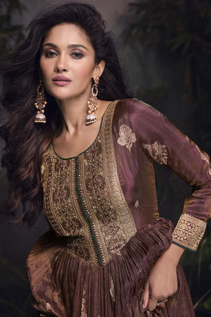 Wine Embroidered Viscose Anarkali Suit Set