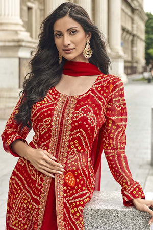Red Bandhani Georgette Palazzo Suit Set
