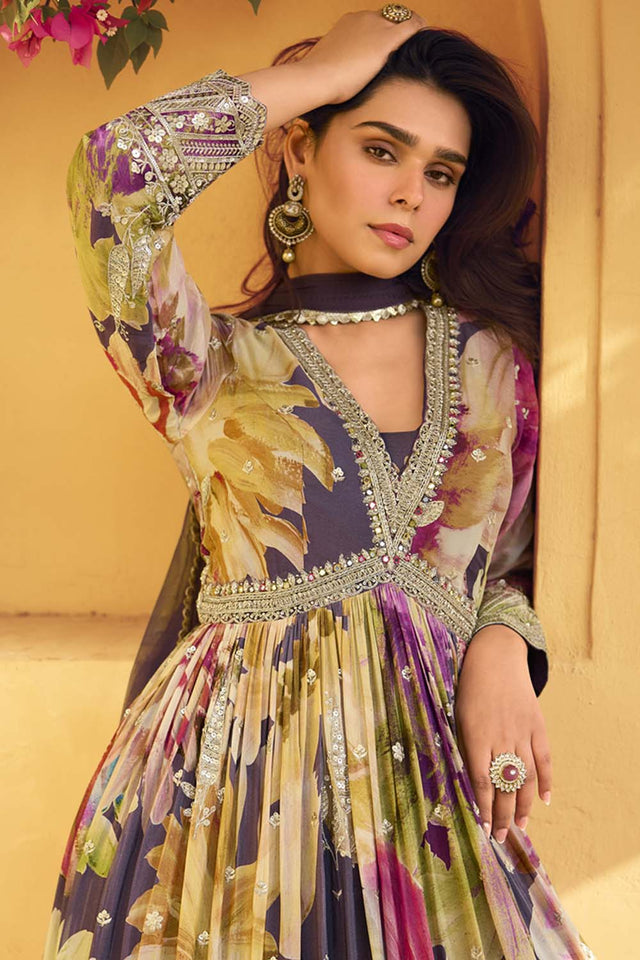 Multi-Color Sequin With Embroidered Silk Gown