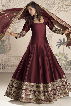 Maroon Sequin with Embroidered Viscose Gown