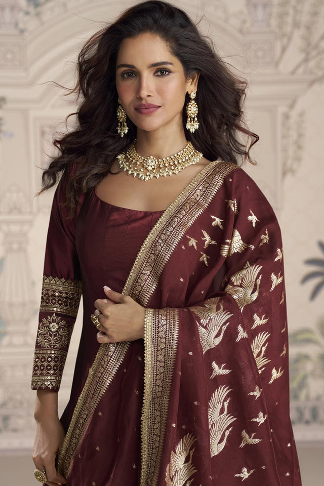 Maroon Sequin with Embroidered Viscose Gown