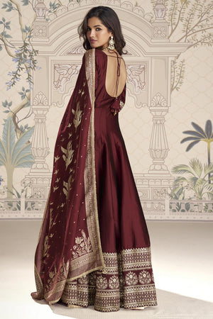 Maroon Sequin with Embroidered Viscose Gown