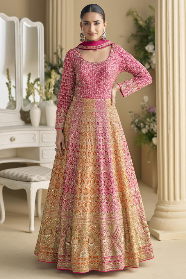 Pink Sequin with Embroidered Georgette Gown