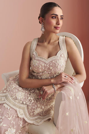 Pink Sequin with Floral Embroidered Net Palazzo Suits