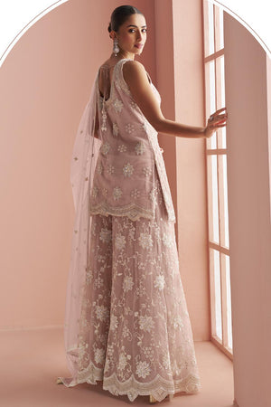 Pink Sequin with Floral Embroidered Net Palazzo Suits