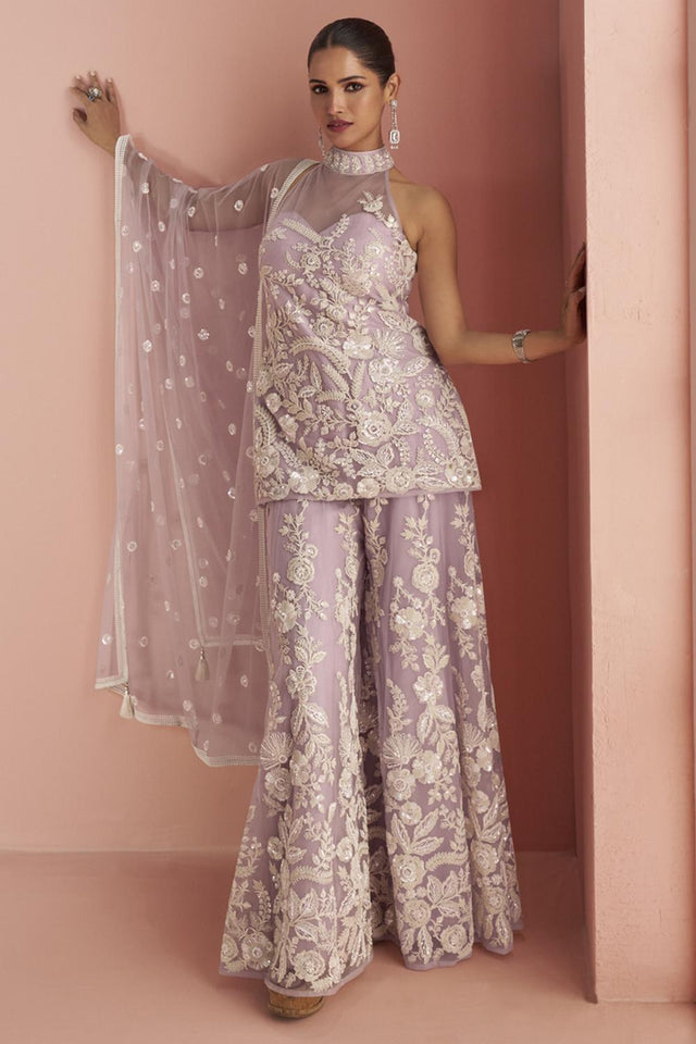 Lavender Sequin with Floral Embroidered Net Palazzo Suits