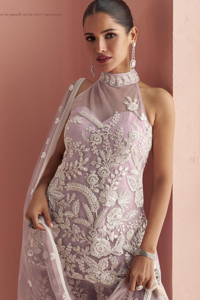 Lavender Sequin with Floral Embroidered Net Palazzo Suits