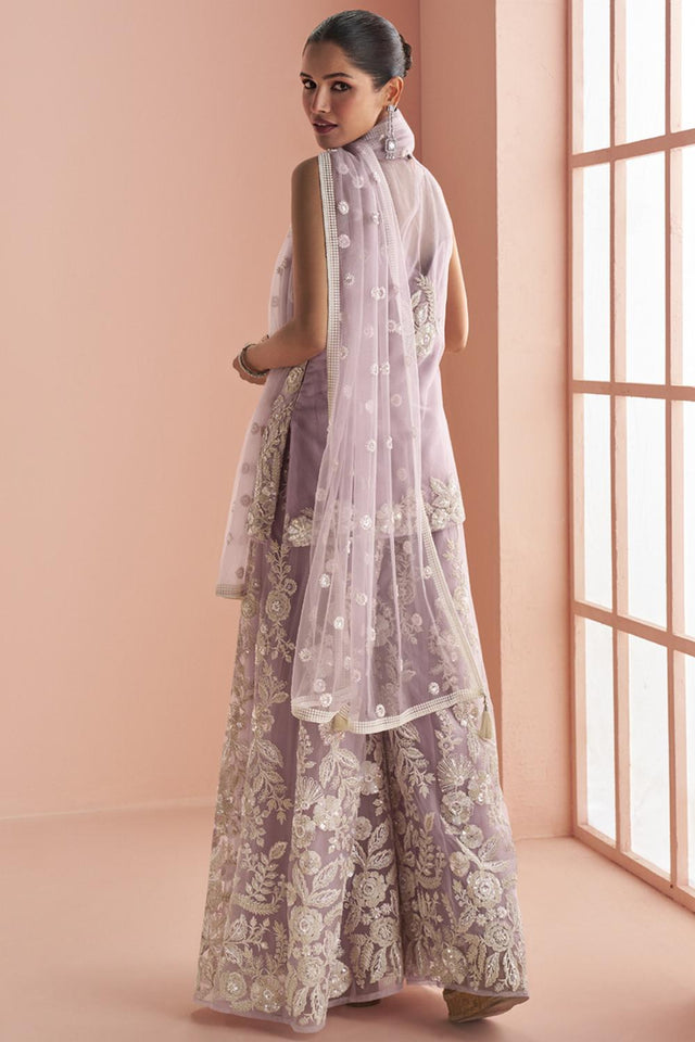 Lavender Sequin with Floral Embroidered Net Palazzo Suits