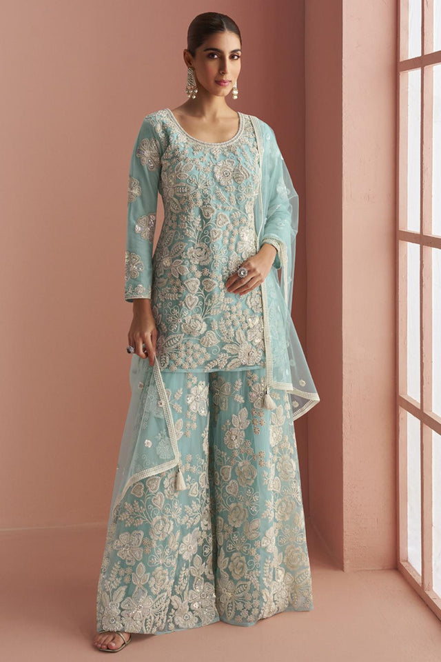 Blue Sequin with Floral Embroidered Net Palazzo Suits