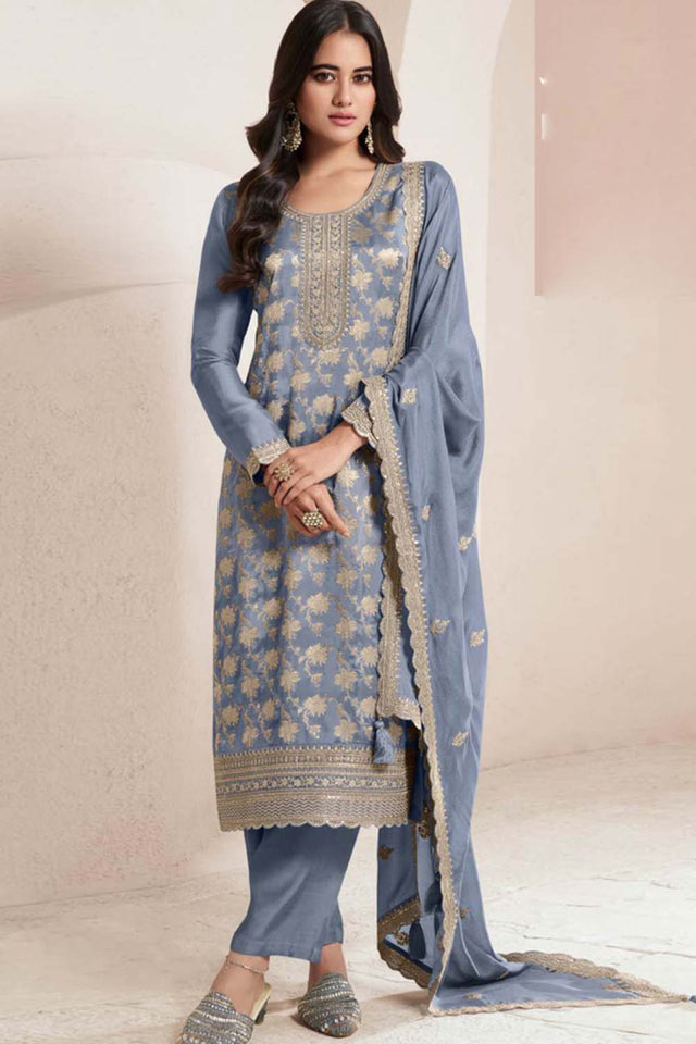 Blue Zari Silk Palazzo Suit Set