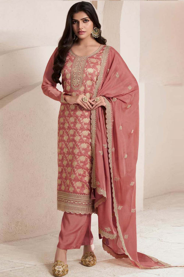 Peach Zari Silk Palazzo Suit Set