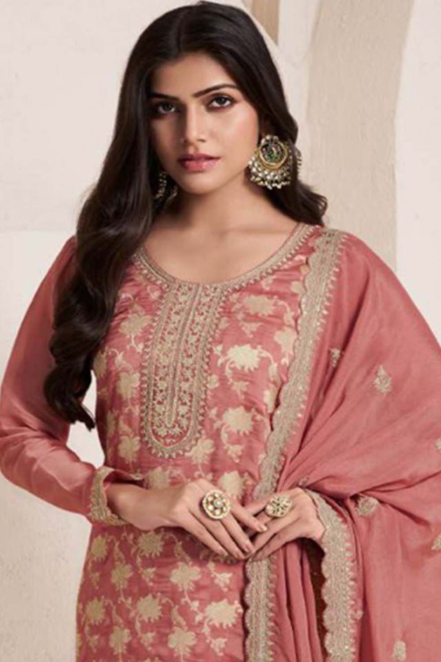 Peach Zari Silk Palazzo Suit Set