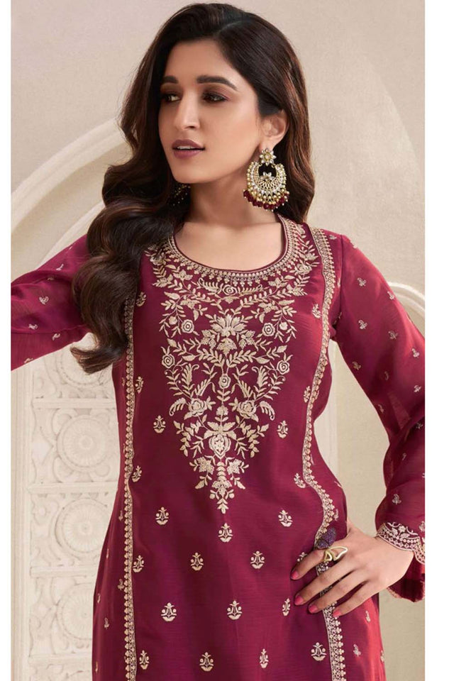 Red Floral Embroidered Chiffon Pakistani Suit Set