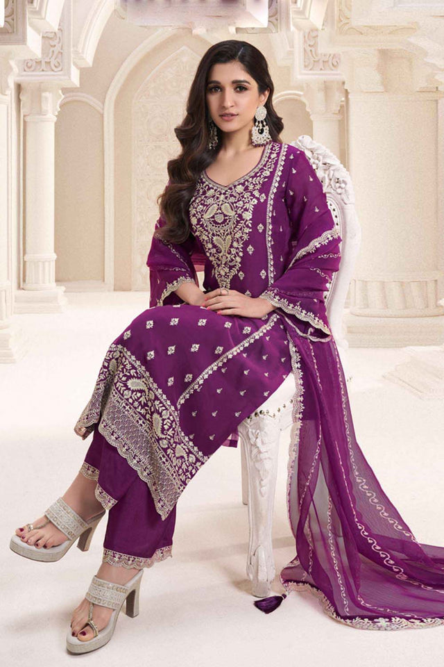 Purple Floral Embroidered Chiffon Pakistani Suit Set