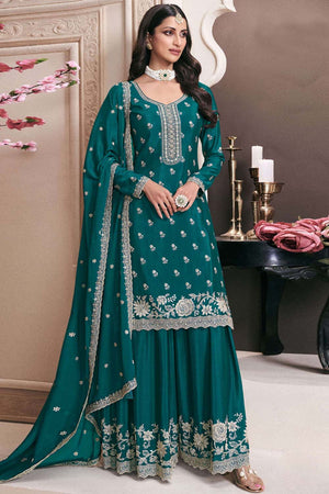 Green Floral Embroidered Silk Pakistani Suit Set