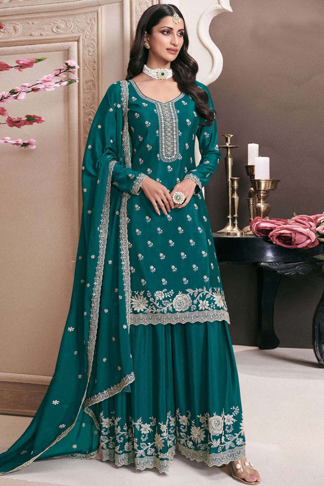 Green Floral Embroidered Silk Pakistani Suit Set