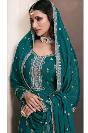 Green Floral Embroidered Silk Pakistani Suit Set