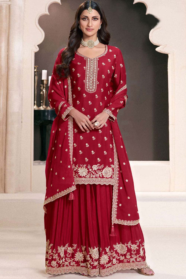 Red Floral Embroidered Silk Pakistani Suit Set