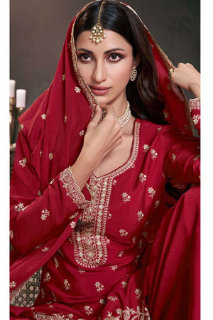 Red Floral Embroidered Silk Pakistani Suit Set